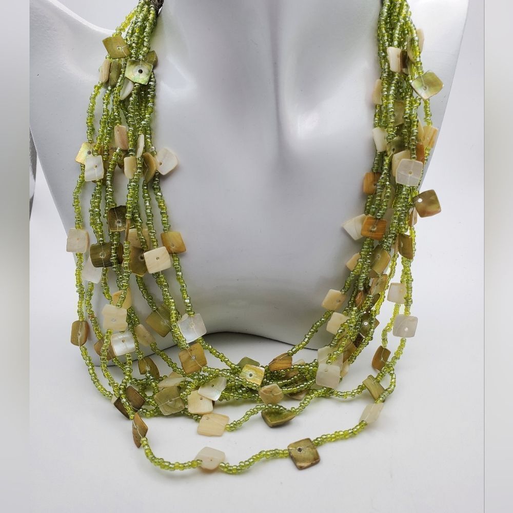Lost in the forest green‎ ivy mother of pearl 1000 beaded necklace layered N0405